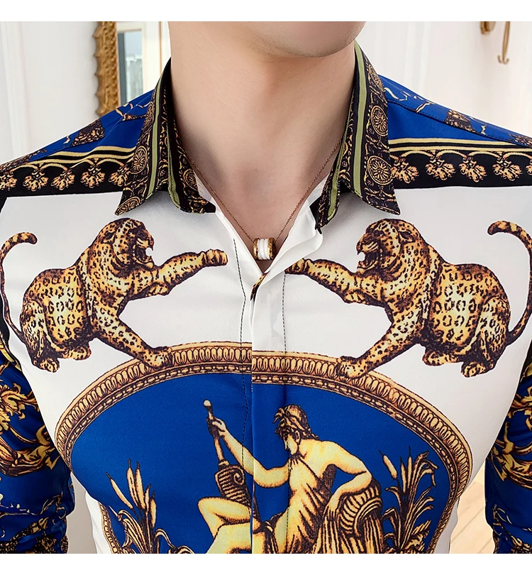 Luksusa Zelta Leopards Izdrukāt Vīriešu Krekls Āzijas Lielums Slim Fit Ar Garām Piedurknēm Chemise Homme Augstas Kvalitātes Kluba Puses Zīmolu Vīriešu Apģērbi
