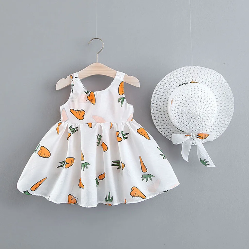 Mazulis Meitenes Augļu Burkāni Drukāt Loku Princese Kleita Ikdienas Drēbes Cepure Vasaras Modes Oranža Kleita Meitenēm