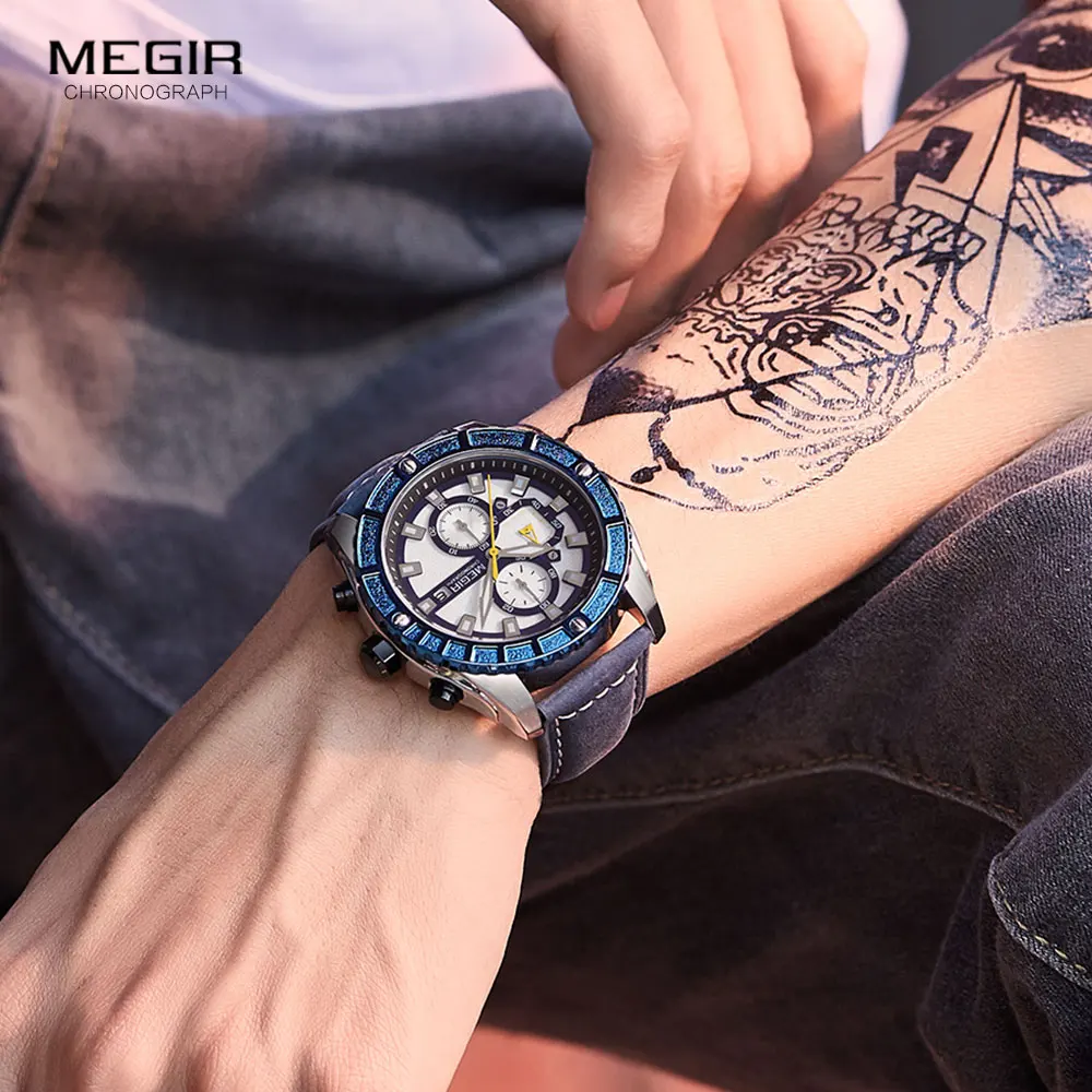 MEGIR Vīriešu Ikdienas Ādas Siksniņa Kvarca Pulksteņi Modes 2021 Chronograph Watch Cilvēkam Militārās Sporta Luminouss rokas Pulkstenis Reloj