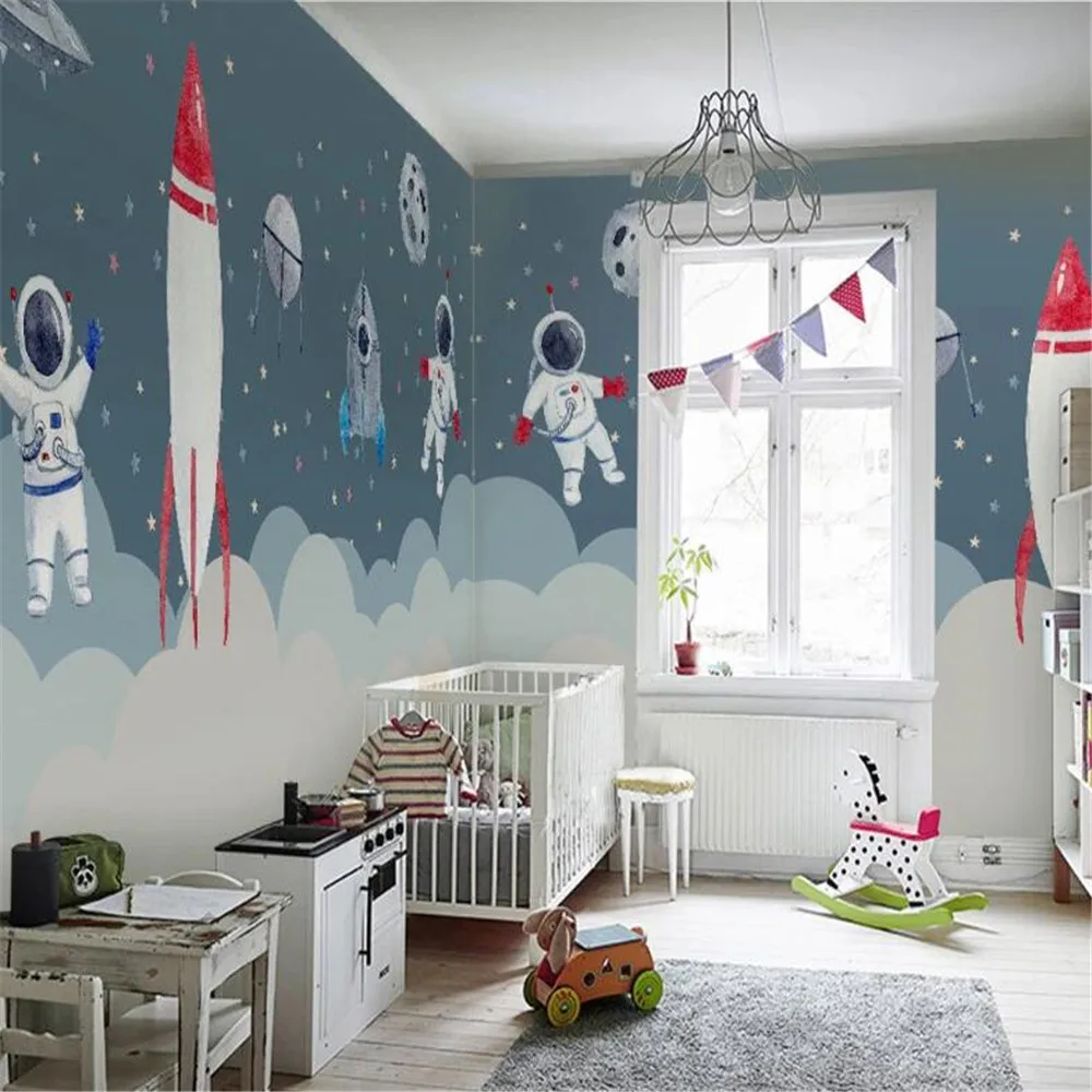 Milofi sienas pielāgota Ziemeļvalstu minimālisma roku apgleznoti kosmosa raķešu bērnu istabas meitene guļamistaba karikatūra sienas