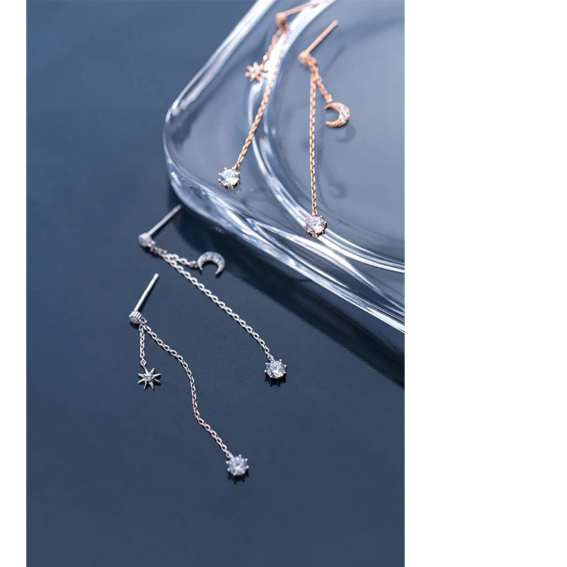 MloveAcc Moderns Jauns 925 Sterling Silver Star un Mēness Garu Ķēdi Piliens Auskari Sievietēm Black CZ Sudraba Jewelr