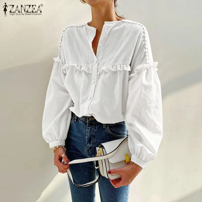 Modes Elegants Balts Krekls Sievietēm Pavasara Ruffles Blūze ZANZEA Birojs, Dāmu Topi, Tunikas Femininas Gadījuma garām Piedurknēm Cietā Blusas