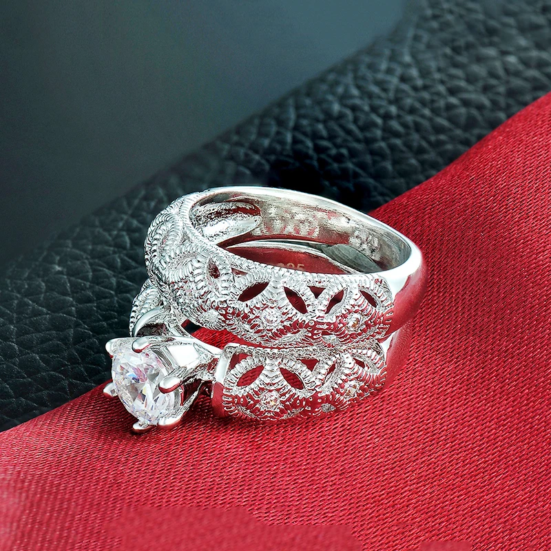 Modes gredzeni sieviešu balta zelta Krāsā kubiskā cirkonija saderināšanās gredzenu gredzenu līgavas komplekti anillos bijoux bagues femme CC150