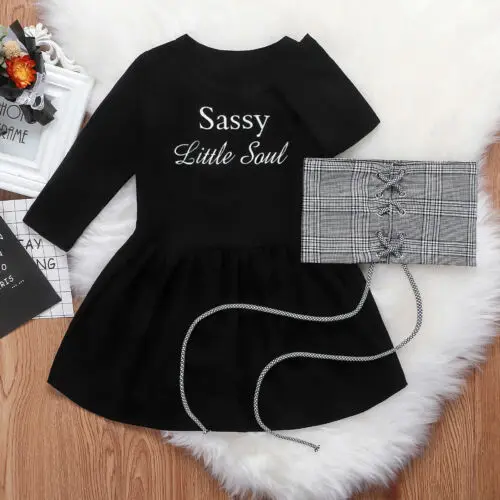 Modes kleita 2020 Bērniem, Baby Meitenes ar garām Piedurknēm Sassy dvēselīte drukāt melnu Kleitu ar Mežģīņu Augšu, Vestes Puse Apģērbs, Apģērbu 1-6Y