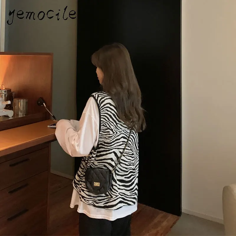 Modes Retro Sieviešu Veste Džemperis Zebra Adīts Modelis ar V-veida kakla bez Piedurknēm, Vaļīga Veste 2020. Gada Rudens High Street Sieviešu Topi
