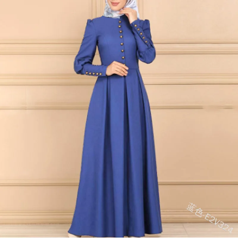 Musulmaņu Modes Kleitas Tērpi Sievietēm Pilnu Piedurknēm Slim Maxi Kleita Ar Pogām, Ir 2021. Jaunu Vienkrāsainu, Elegants Islāma Apģērba Kleitas
