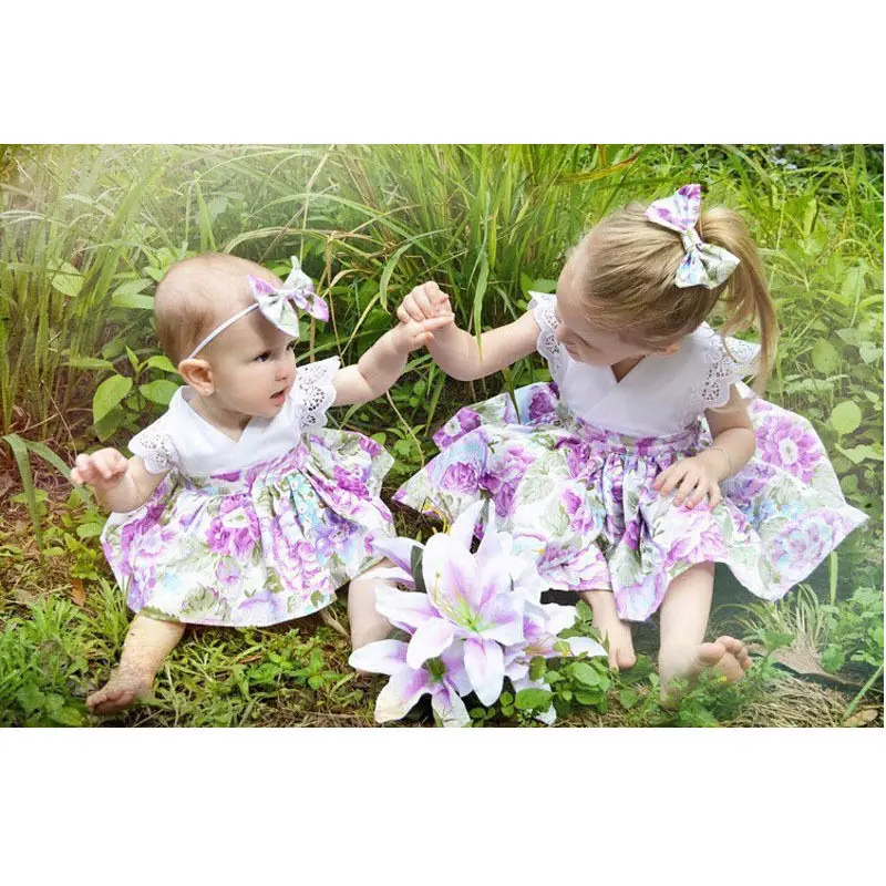 Māsa Matching Jaundzimušiem Zīdaiņiem un Bērniem, Bērnu Baby Girl Romper Kleita Komplekti Tērpiem Drēbes+Galvas stīpa 0-24M par Romper Kleita 2-7T Kleita