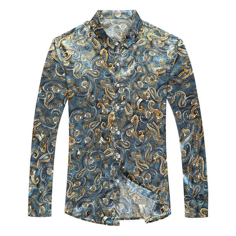Neparastas Luxury Vintage Vīriešu Apģērbu Zīda Krekls Mens Satīna Zaļa Blūze Ar Indijas Ziedi Retro Baroka Blūzes Lielā Izmēra