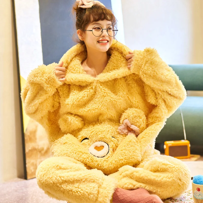 Pieaugušo Pidžamas Komplekts Sieviešu Ziemas Sabiezēt Sleepwear Homewear Karikatūra Lācis Korejas Pidžamas Smieklīgi Maiga, Silta Pijamas Uzvalks