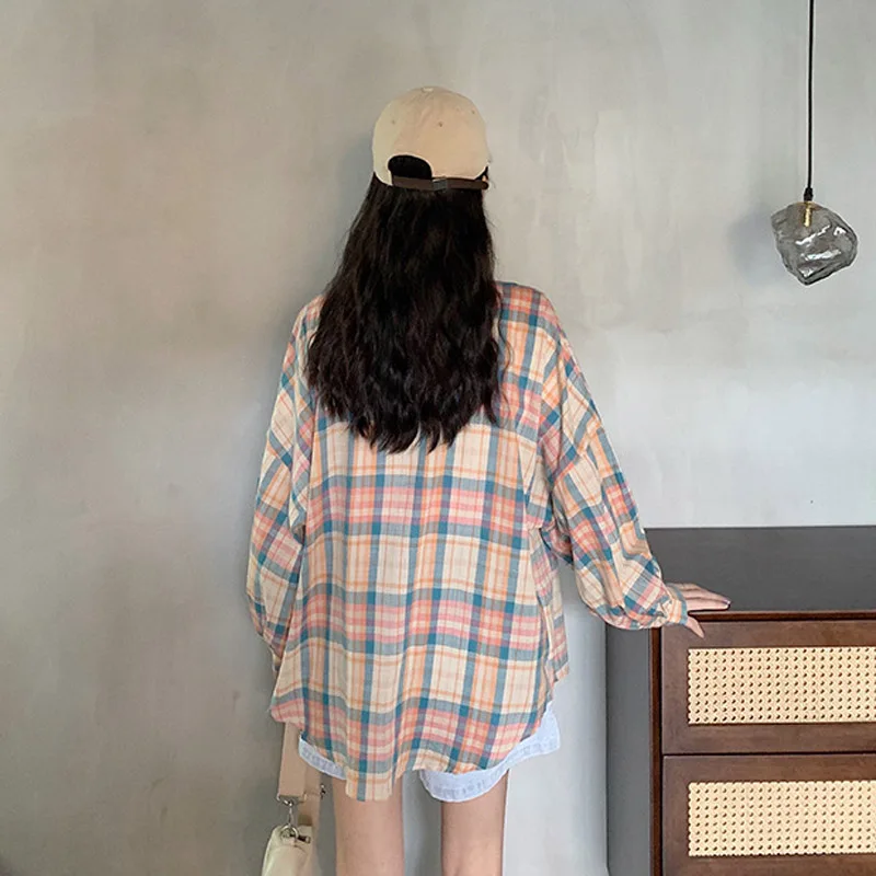 Pleds Krekli, Sieviešu Ikdienas korejas Modes Apģērbu Streetwear Topi Sieviešu Krekls ar garām Piedurknēm Blūze Sieviešu Apģērbi Pogu