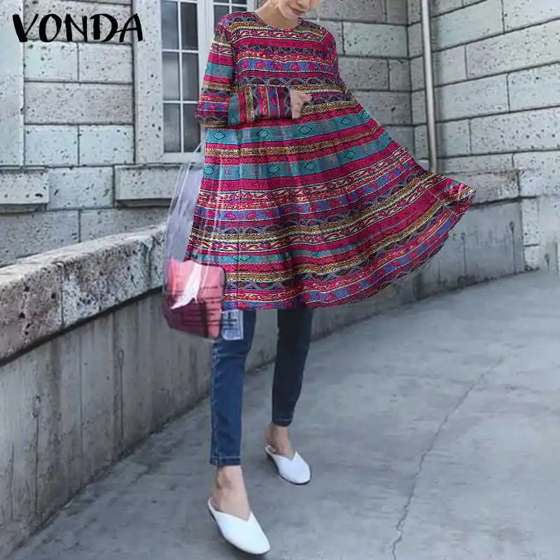 Pludmales Kleita Sieviešu Sundress ir 2021. VONDA Bohēmijas Sundress Vintage garām Piedurknēm Drukāts Bohēmijas Mini Kleita Plus Size Drēbes Femme