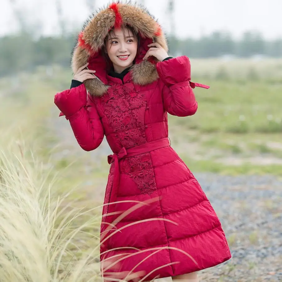 Plus izmērs 3XL!Jaunas Ielidošanas Ziemas vintage kapuci slim ilgi izšūti sieviešu pīļu dūnu jaka mētelis