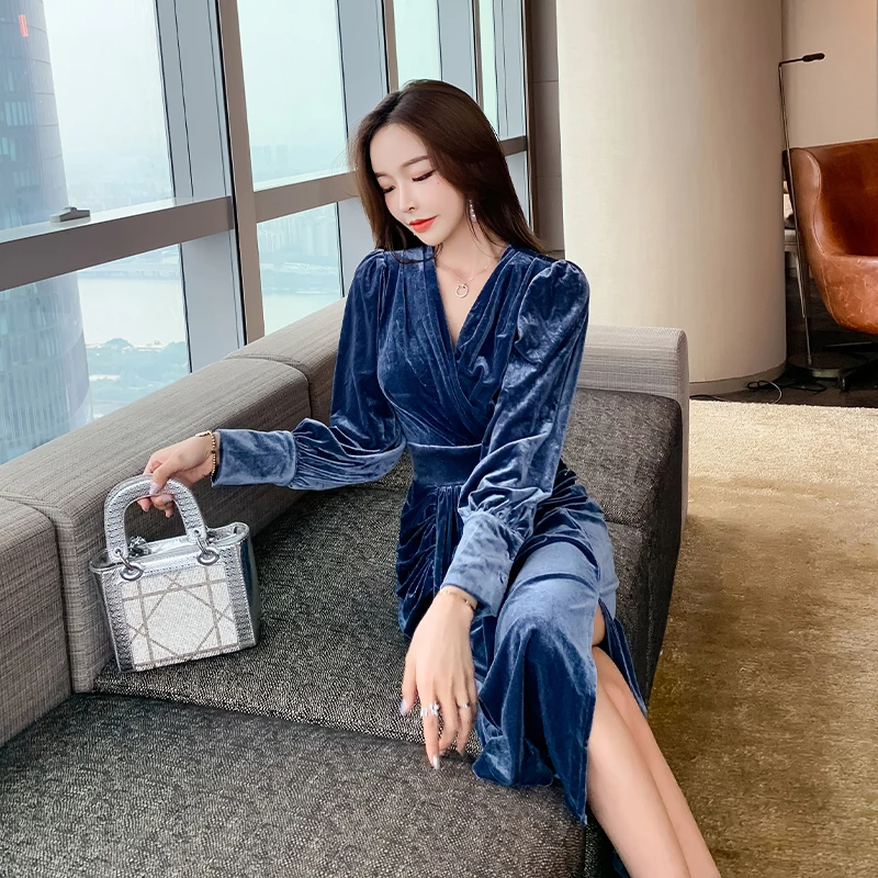 Rudens Maxi Kleitas ir Vienā gabalā Korejas Dāmas Zilā ilgu piedurknēm v-veida kakla tumšā Puse kleita sieviešu apģērbs