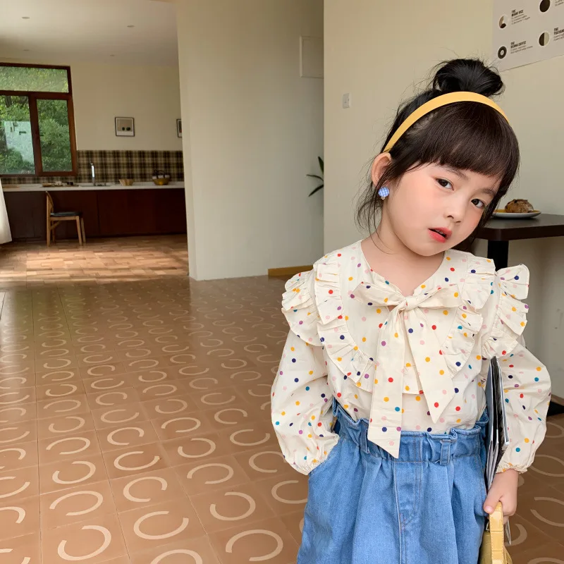 Rudens meiteņu blūze Jauna Meitene garām Piedurknēm Krāsains Dotted Krekls korejiešu Stilā Maza Meitene Priekšgalā Augšu