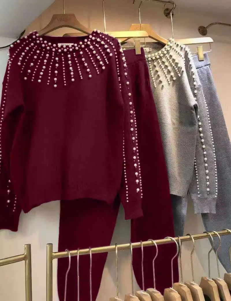 Rudens Ziemas Džemperi Bikses Uzvalki Frēzēšana Dimanta Adīti Džemperi, Topi + Bikses 2 Gabals Komplekti, Treniņtērpi Sieviešu Apģērbs