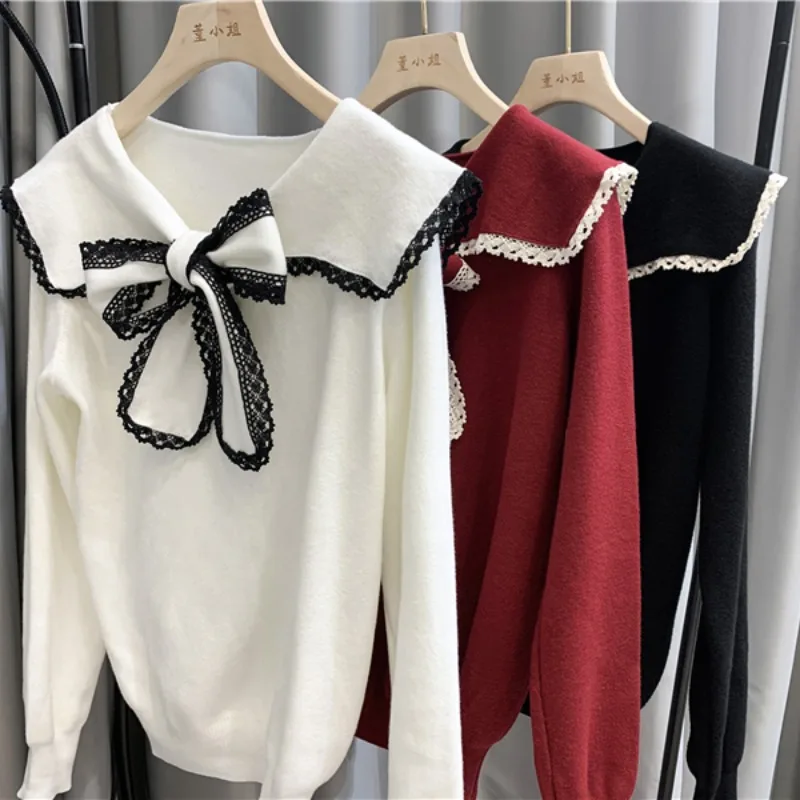 Rudens Ziemas Jauno Salds Adīti Džemperi krekls korejas Modes tauriņu Apkakli, garām piedurknēm Džemperis Slim Gadījuma Sievietēm, Topi