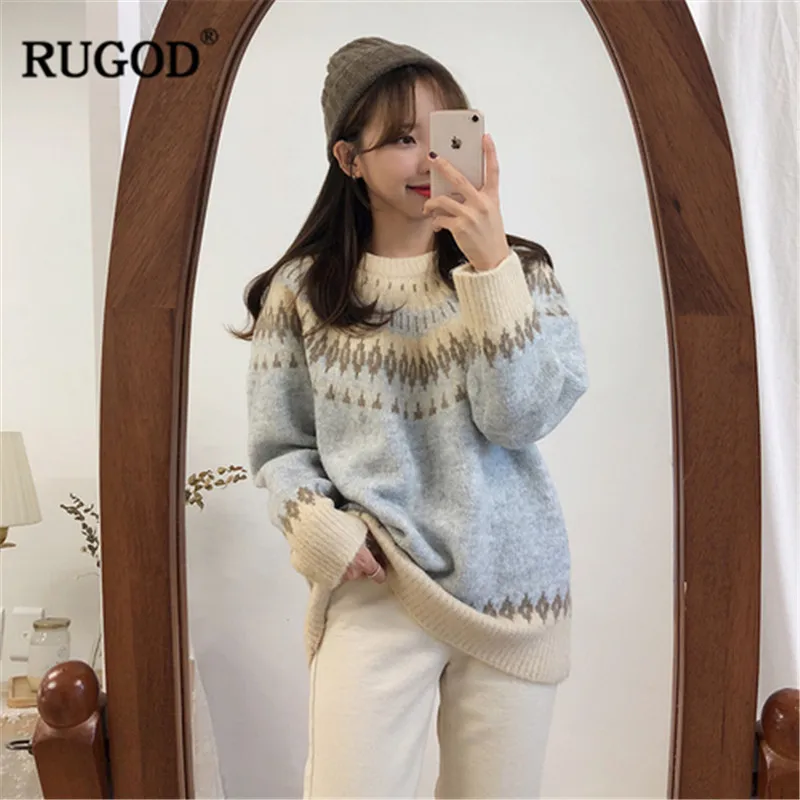 RUGOD Vintage Modes Sieviešu Džemperi 2018 Adīts Biezs, Silts Ziemas Apģērbs Ģeometriskā Gadījuma Sieviešu Džemperi vilkt femme hiver