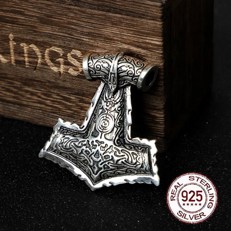 S925 sudraba Viking raven thor ' s hammer kaklarota ar ķīļa kaklarota un nekustamā govs ādas un koka kaste kā dāvanu