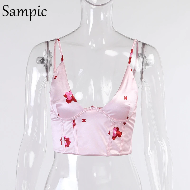Sampic Modes Drukāt Ziedu V Kakla Sexy 2021. Gada Vasaras Traipu Sieviešu Korsešu Crop Topi Izdilis Mini Klubs Veste Camis Stap Topiņi
