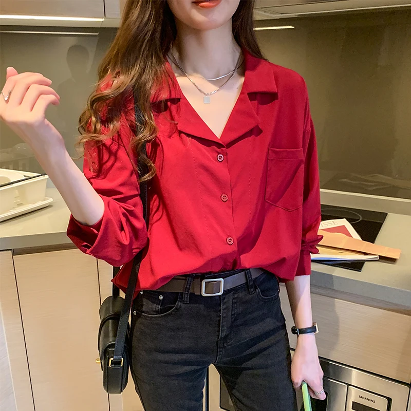 Sarkana Šifona Hong Kong Stila Office Dāmu Krekli, Sieviešu Rudens Krekls ar garām Piedurknēm Ir 2021. Profesionālās Uzvalks Apkakles OLA Brīvs Krekls 10692