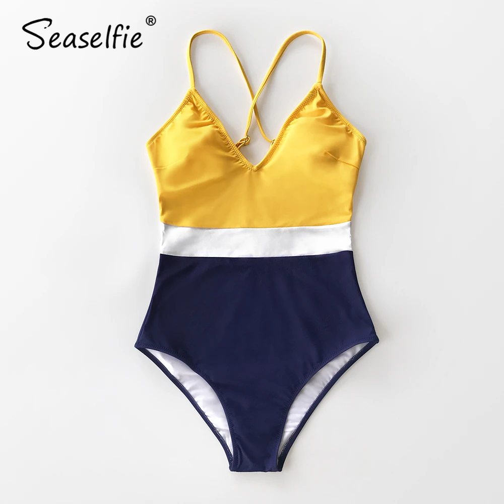 SEASELFIE Sexy Colorblock V-veida Kakla viengabala Peldkostīms Sievietēm Polsterētas Tases Monokini Ir 2021. Beach peldkostīms, Peldbikses