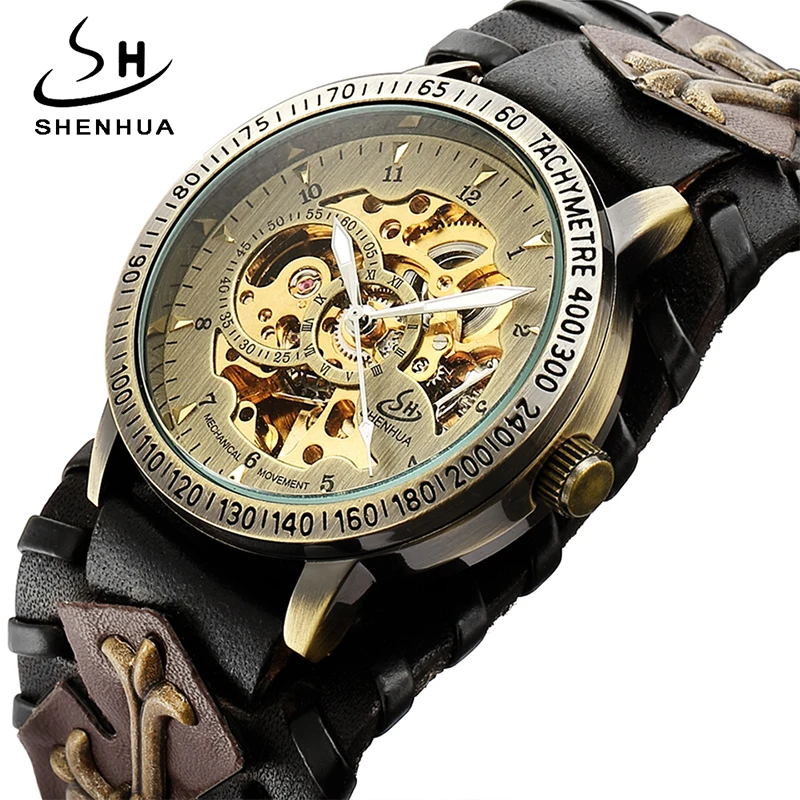 SHENHUA Retro Gothic Bronzas Skelets Automātisko, Mehāniskās Skatīties Vīrieši Steampunk Sevi Likvidācijas Pulkstenis Tourbillon Skatīties Reloj Hombre