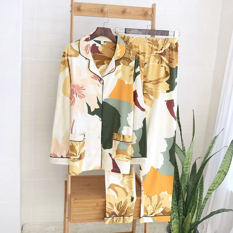 Sievietēm ar garām Piedurknēm Naktsveļu Rudens Kokvilnas Trikotāžas Pidžamas Komplekts Kārta-Apkakle Lapas Drukas Pidžamu Loungewear Sleepwear