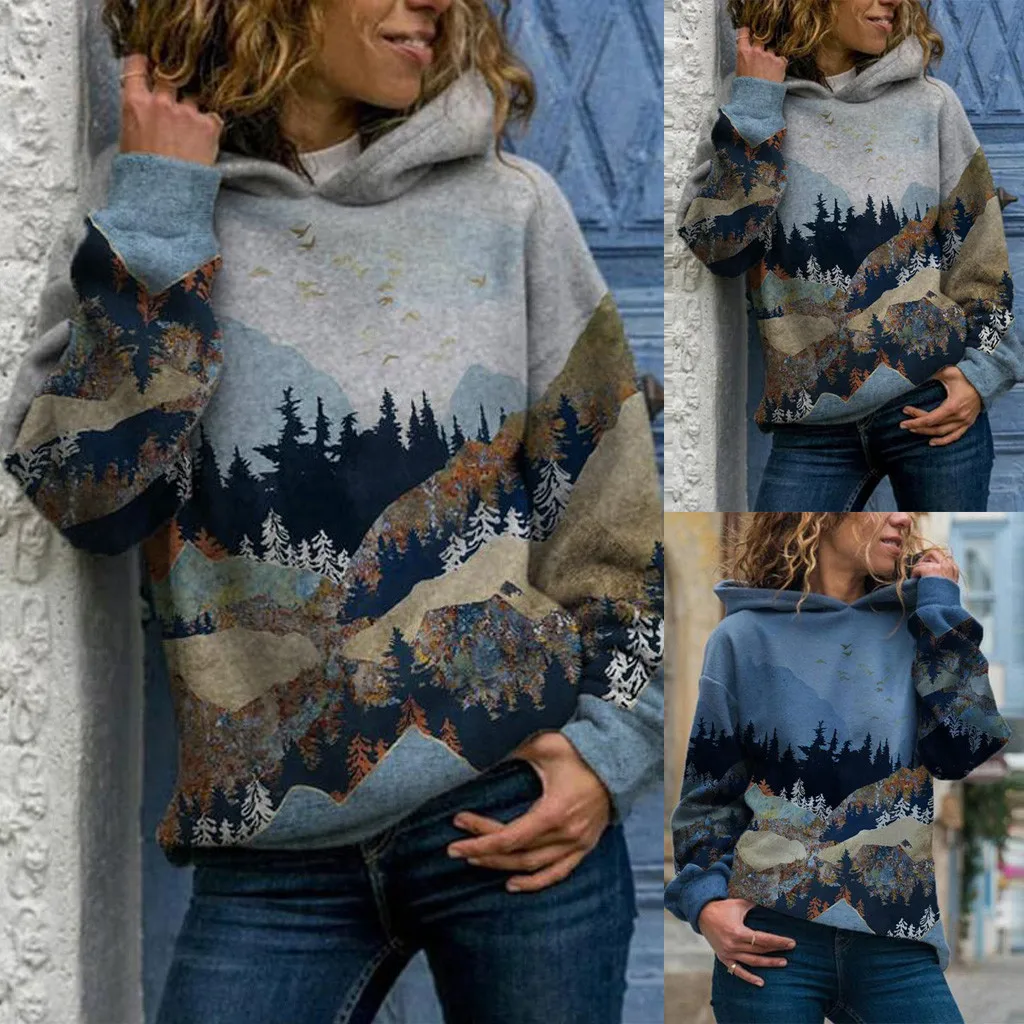 Sieviešu Džemperi Plus Lieluma Kalnu Iespiesti Džemperis Ar Garām Piedurknēm Džemperi, Topi Femme Capuche Sieviešu Džemperi 2021