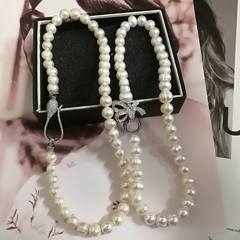 Sieviešu kubikmetru Nekustamā Dabīgo Saldūdens Pērli sānslīdi kaklasaite, Kaklarota, 8-9mm Balts inregular Pērļu Rotaslietas, Dāvanas