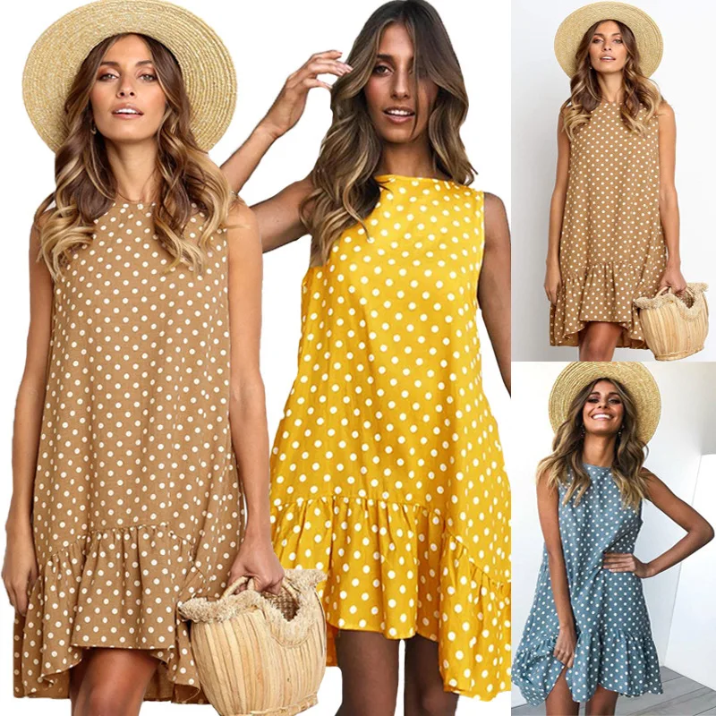 Sieviešu Pavasara Kleitu Modes Polka Dot Drukāt Dāmas Ikdienas Apģērbu Ar Garām Piedurknēm Mini Īss Zaudēt Dzeltenās Kleitas 2020