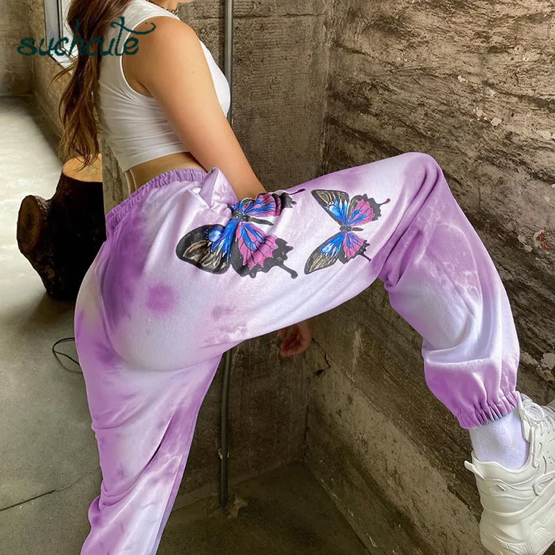 SUCHCUTE tie krāsošanas treniņbikses sieviešu kokvilnas bikses ar augstu vidukli tauriņš kravas elsas joggers vasaras 2020. gadam gothic apģērbu Streetwear