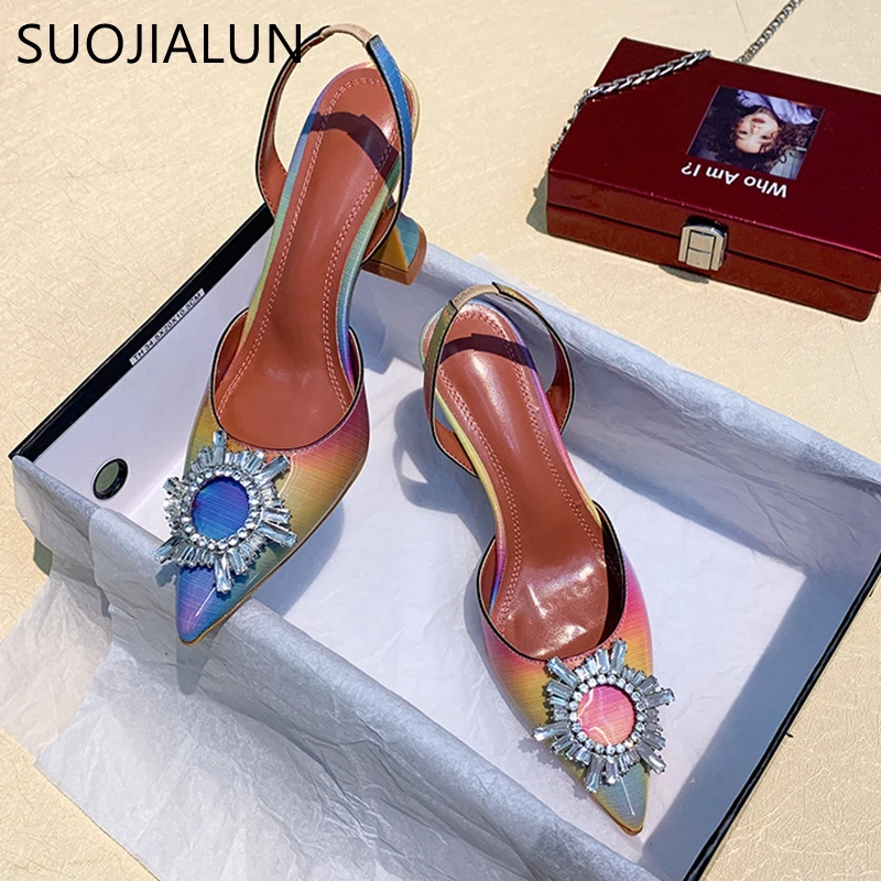 SUOJIALUN Kristāla Plānas augstpapēžu kurpes sandales ar siksniņām Sandales Sieviešu Sun Flower Rhinestone Puse Kleita Kurpes Dāmas Smailu Purngalu Mūļu Sūknis