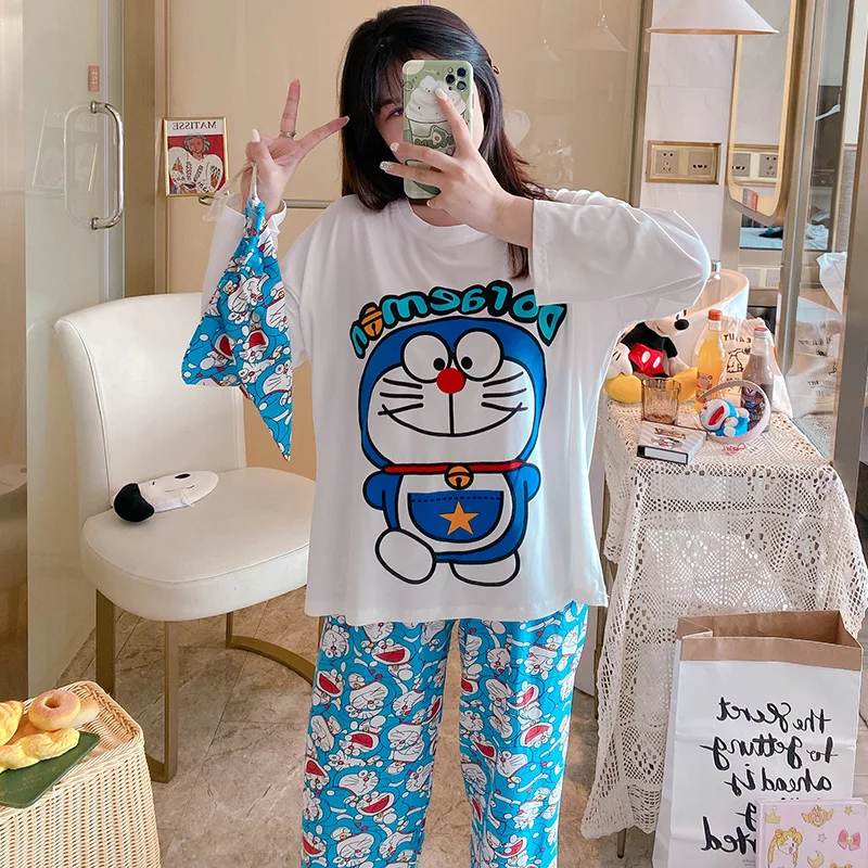 Tonngirls Sieviešu Pidžamas Komplekts Karikatūra Izdrukāt Sleepwear Japāņu Stila Pidžamas Doraemon Homewear Uzvalku Ar Garām Piedurknēm Pijama Mujer Jaunas