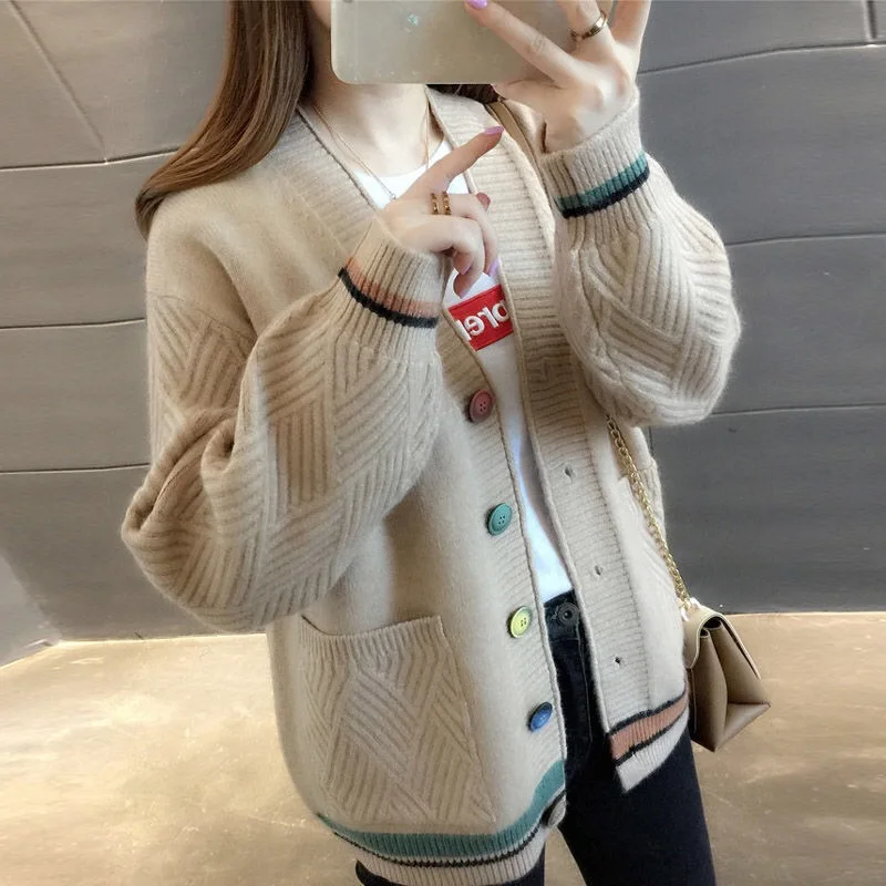 V-veida kakla Džemperis Sieviešu Jauns korejiešu par svītru Zaudēt Lielu Izmēru Slinks Vēja Jaku Adīšanai Topi kabatas, Viena krūšu Džemperis