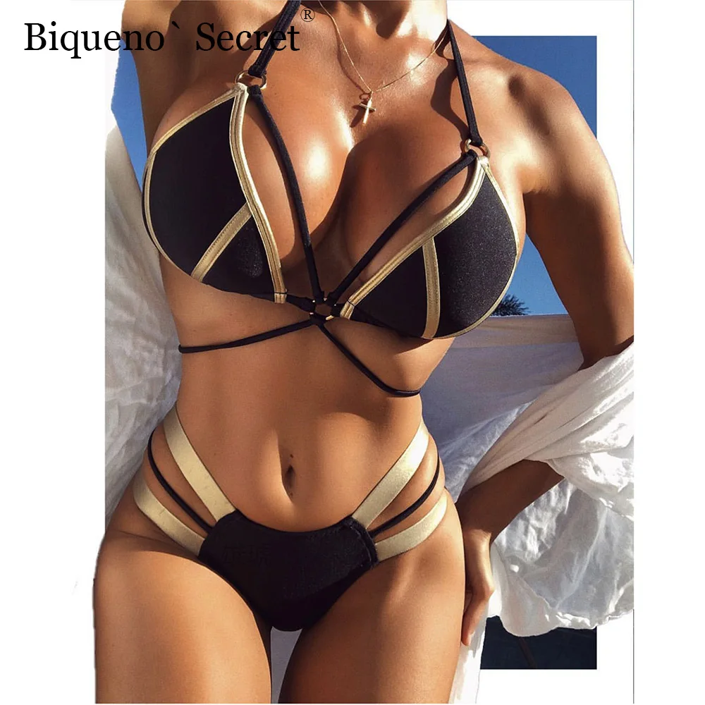 Vasarā Rozā Zelta Brazīlijas Bikini Komplekts Pludmali, Valkāt Sexy Push Up Pārsējs Peldkostīms Sievietēm Izgriezt Plus Lieluma Peldbikses peldkostīms JAUNS