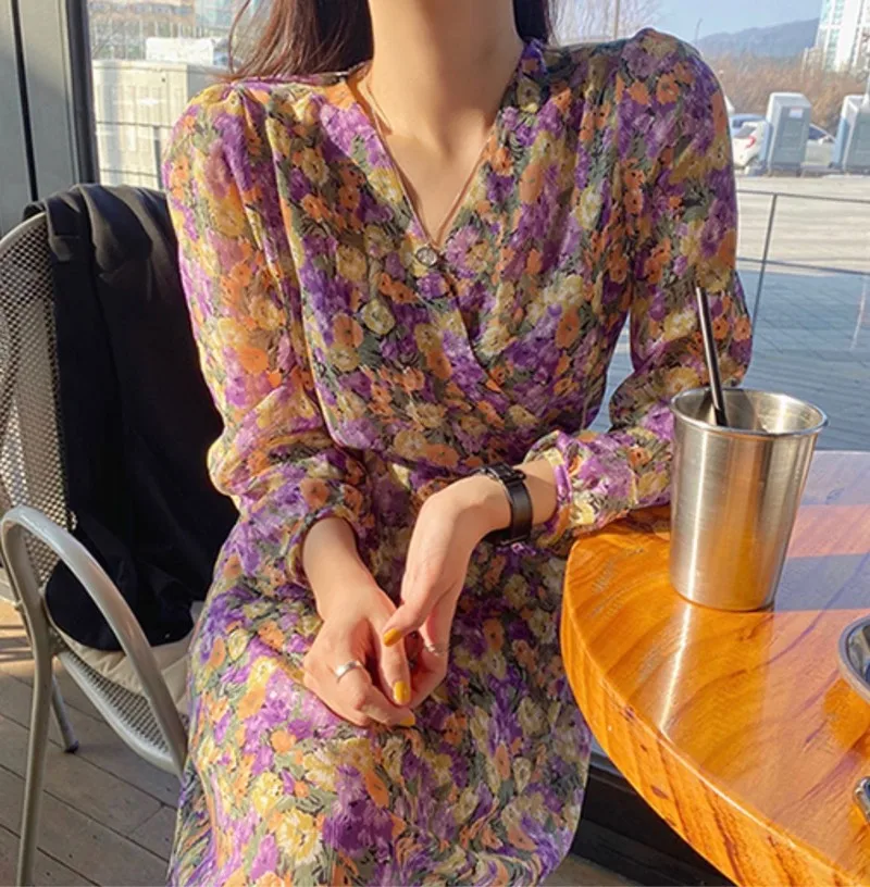 VICONE Dienvidkoreja ins pavasara salds, romantisks temperaments ziedu šifona kleita