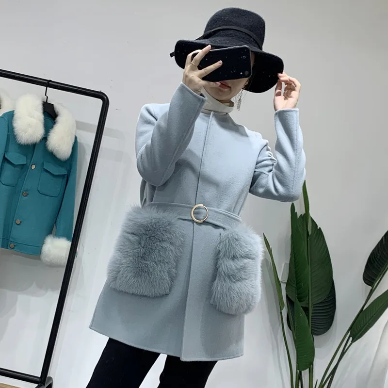 Vilnas Mēteļu Sieviešu Fox Kažokādas Kabatas Double Sided Kašmira Outwear Augstas Kvalitātes Korejas Modes Josta Apaļu Kakla Ziemas Mētelis