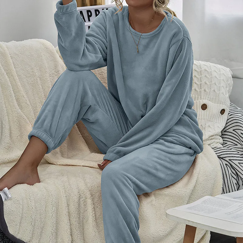 Vilnas Sieviešu Mājas Apģērba Cietā Silts Gadījuma Pajama Komplekti Sieviešu Sleepwear Mīksta, Komfortabla Ziemas Rudens Joggers Dāma Atpūtas telpa