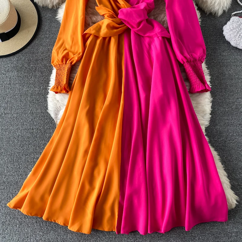 Vintage V-Veida Kakla Sarkans/Dzeltens Raibs Gara Kleita Sievietēm Laternu Garām Piedurknēm Brīvdienas Pludmales Drēbes Sieviešu Modes Vestidos Pavasara 2021