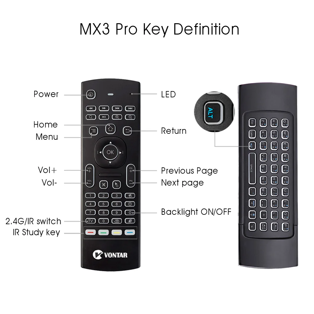 VONTAR MX3 Pro Apgaismojums 2.4 G Bezvadu Tastatūra Tālvadības pults (IS) Mācību Lidot Gaisa Peli, Lai X92 X96 Android TV Box