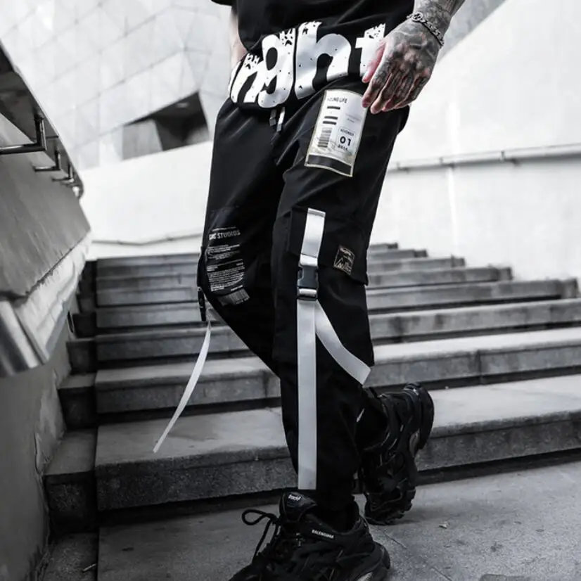 Vīrieši lentes raibs kravas bikses hip hop streetwear joggers cilvēks melnā, zaļā harajuku punk treniņbikses gadījuma bikses