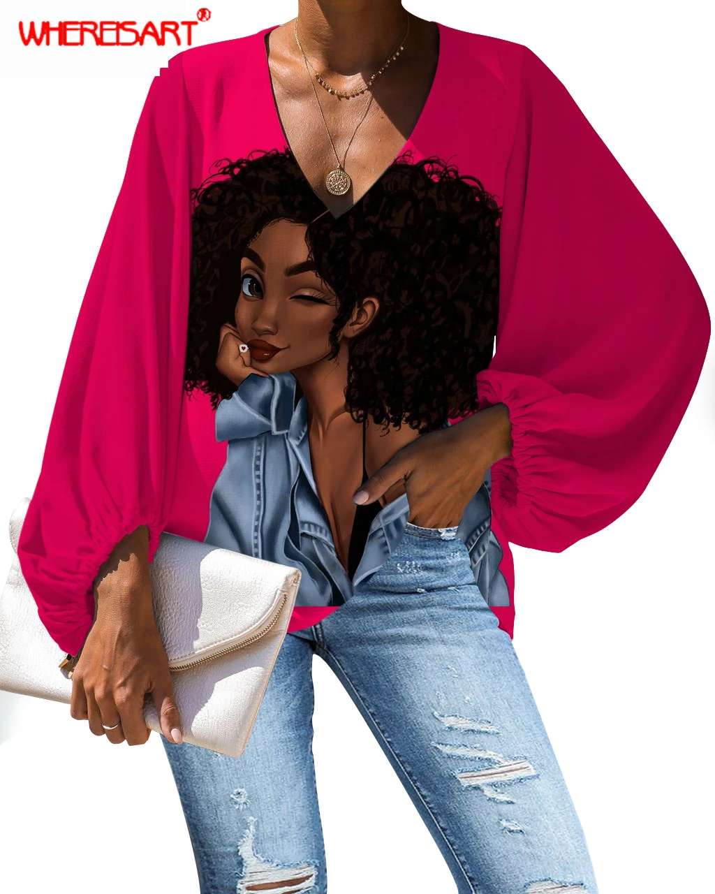WHEREISART Melnās Āfrikas Meitenes Sieviešu Blūze Laternu Piedurknēm Zaudēt Blūze ar garām Piedurknēm Top Plus Lieluma Sieviešu Krekls Liela Izmēra Blūze