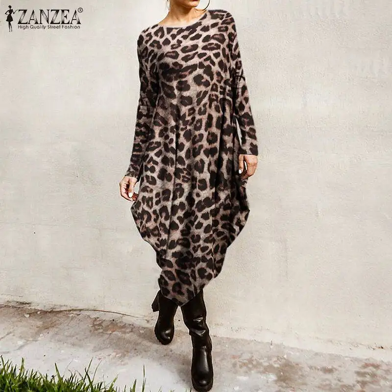 ZANZEA Modes Pavasara garām Piedurknēm Leopard Print Kleita Sievietēm Asimetrisko Hem Kaftan Vestido Šiks Sundress Baggy Zaudēt Kleitas