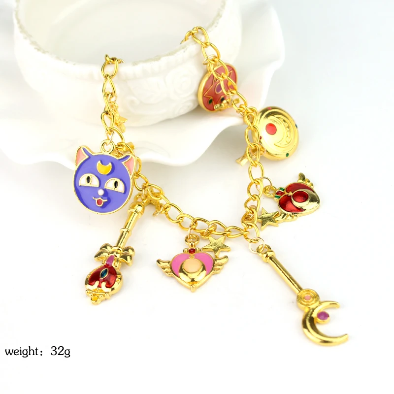 Zelta Krāsā Sailor moon šarmu rokassprādzi Usagi braccialetto Kaķis Sirds Aproces & Aproces Sieviešu Rotaslietas Pulseira Feminina