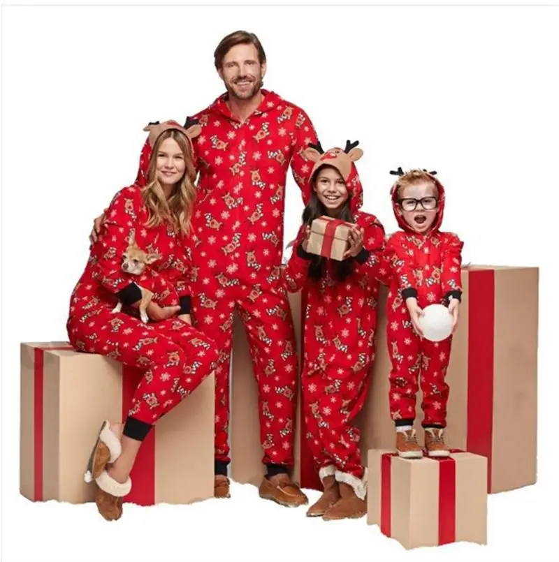 Ziemassvētku Ģimenes Pieskaņotu Uzvalku Jumpsuit Vīrieši Sievietes Bērns, un Bērnu Ziemassvētku Drukāt Pidžamas Apģērbi Red modes Ziemassvētki Naktsveļu Apģērbs