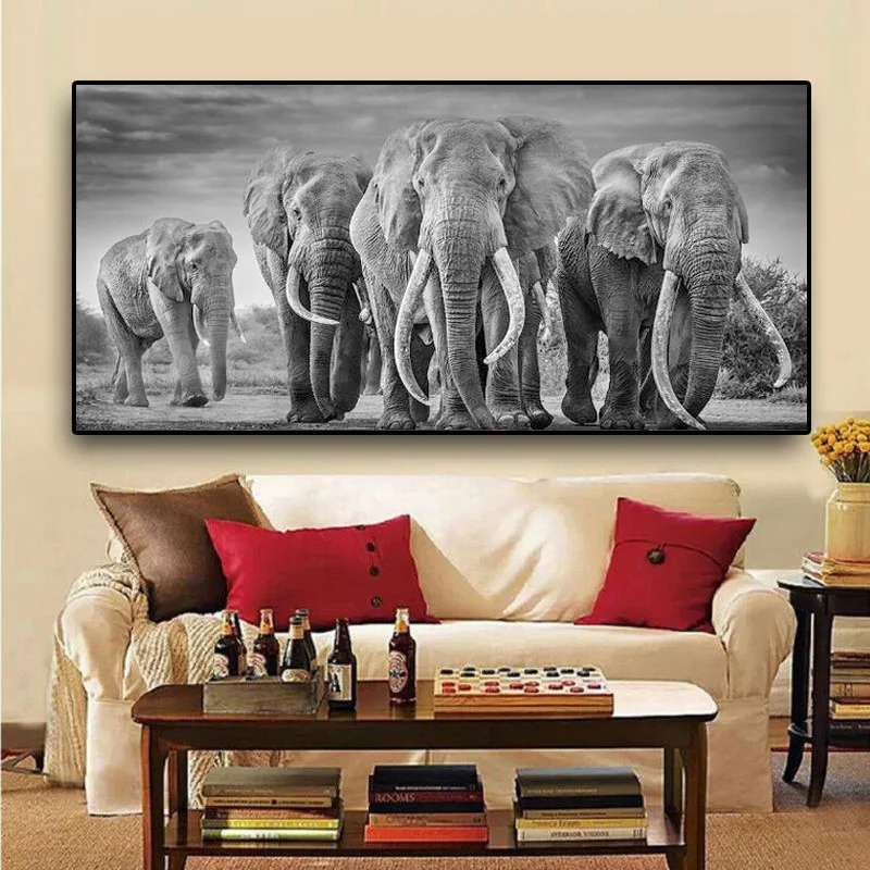 Āfrikas Savvaļas Ziloņi, Ģimenes Audekls Mākslas Plakāti un Izdrukas Melnā un Baltā Dzīvniekiem Mākslas Audekla, Gleznojums uz Sienas, Art Pictures