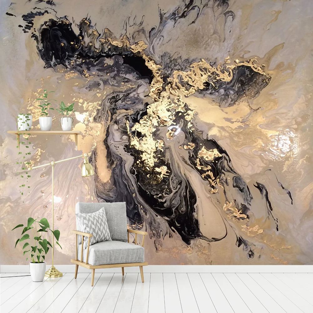 Ķīnas abstract custom zeltaini dzeltena ainavu mākslas noskaņojumu splash tintes sienas fona tapetes sienu apdarei