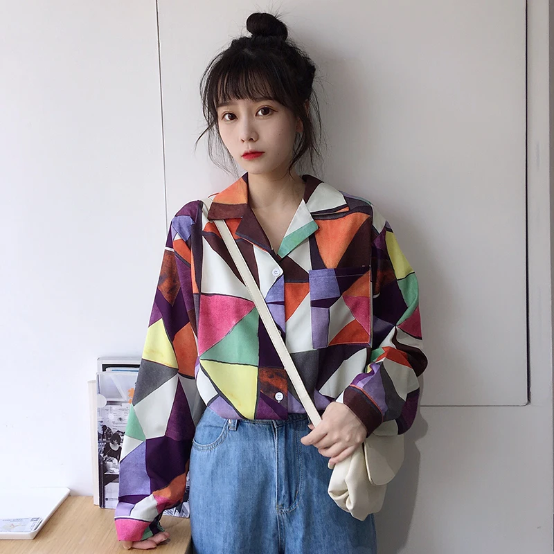 Šiks Ģeometrisko Modeli, Krekls, Sieviešu Krekli Ulzzang Japāņu Kawaii Dāmas Vintage Sieviešu korejas Harajuku Cute Drēbes Sievietēm