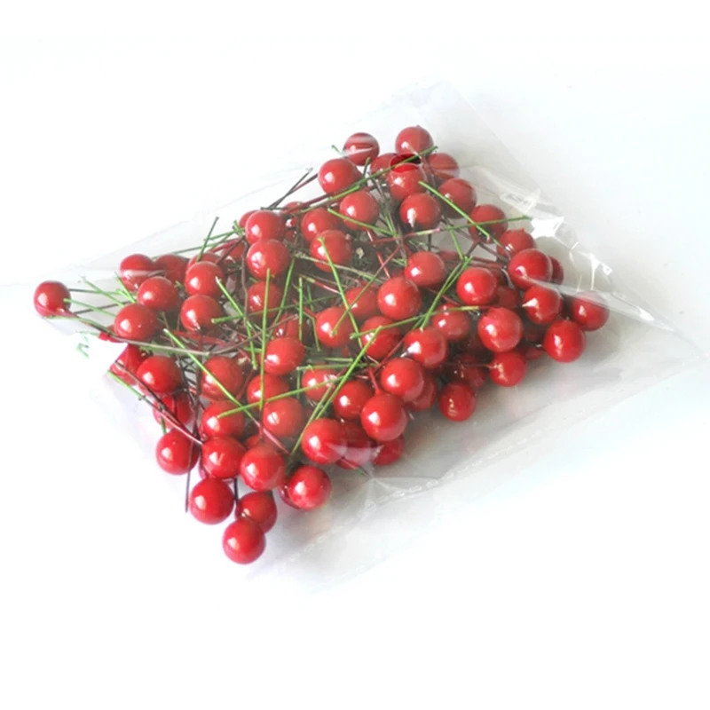 100pc/daudz Viltus Plastmasas Ogu Mākslīgo Ziedu Perlamutra Stamen Red Cherry Kāzu Ziemassvētku Eglītes Dāvanu Kastē Vainagi Decoratio