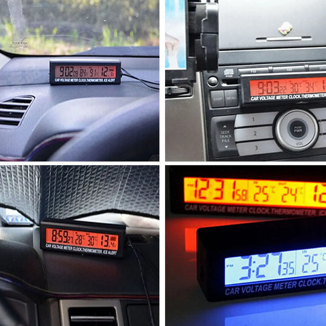 12V/24V 3 in1 Automašīnu Transportlīdzekļa Ciparu LCD Pulkstenis/No Auto Termometrs Akumulatora Voltmetrs Sprieguma Mērītājs Monitors Cigarešu Ligzda